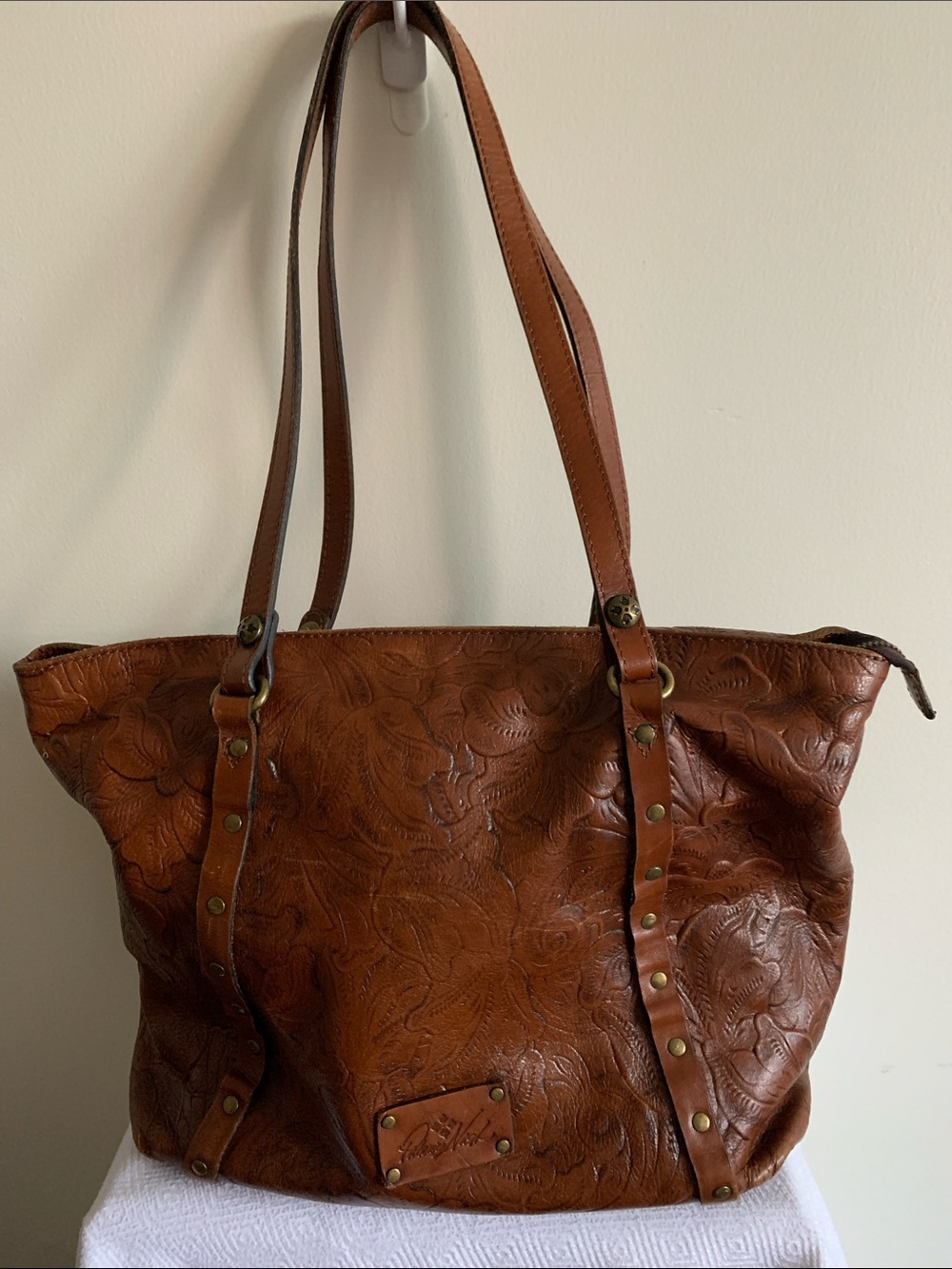 Patricia Nash Chestnut Brown Tooled Leather Tote